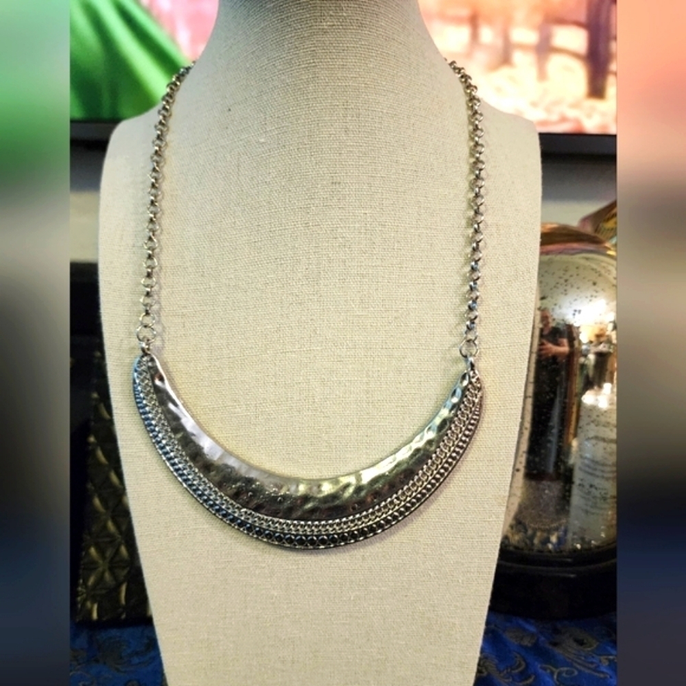 Silvertone Hammered Brushed Moon Collar Necklace